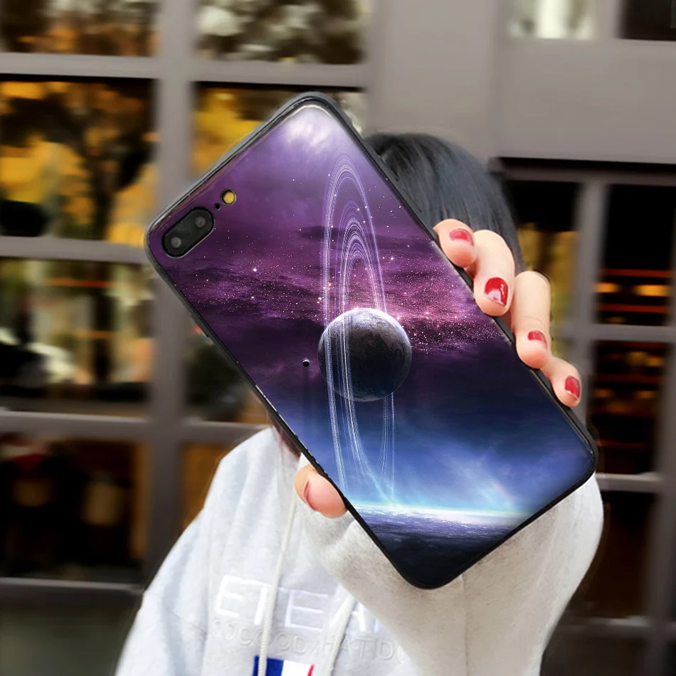 TOMKAS Temper Glass Case For iPhone X 8 7 6 6s Plus Cover Phone Cases For iPhone X 8 7 6 s Case Silicone TPU PC Star Sky Pattern (14)