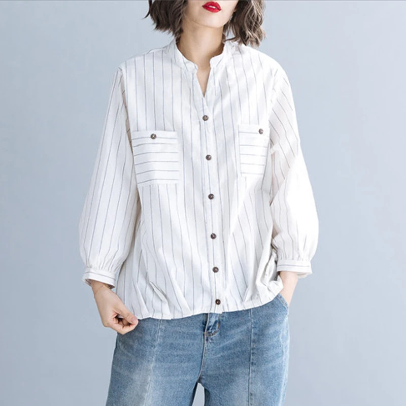 

Johnature Korean Casual Womens Tops And Blouses Autumn 2019 New Leisure Loose Striped V-neck Long Sleeve Simple Women Shirts