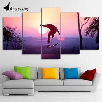 

5 Piece Canvas Art HD Printed Skateboard Canvas Painting Cool Sport Sunset Wall Pictures For Living Room Home Decor CU-1626A