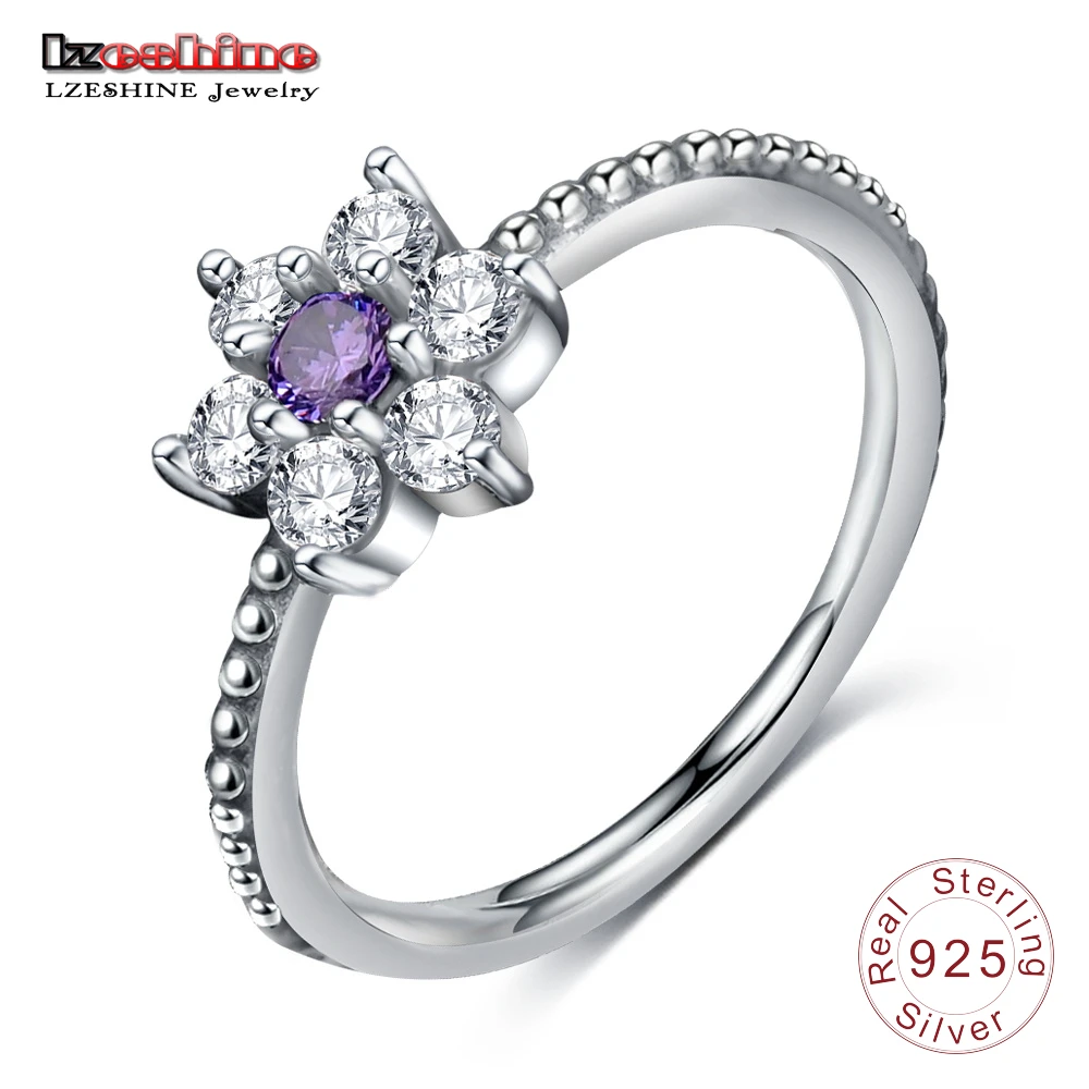 

LZESHINE Luxury Cocktail Ring 925 Sterling Silver Flower Eternity ring with Purple Color Stone For Women Fashion Jewelry PSRI006