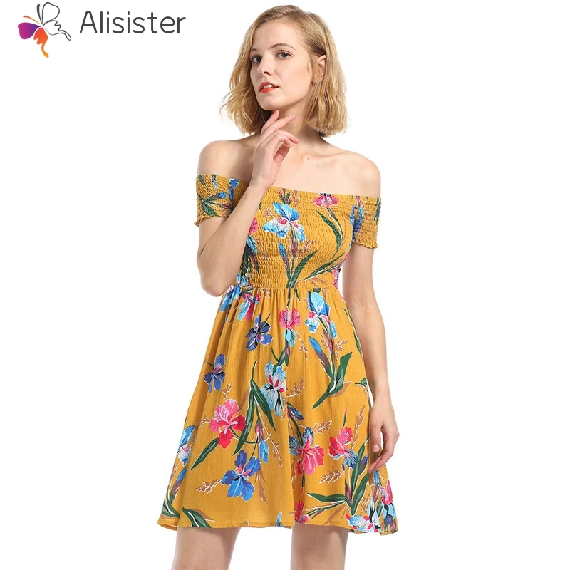 New Western Style Elegant Floral Print Dress Women Summer Sundresses 