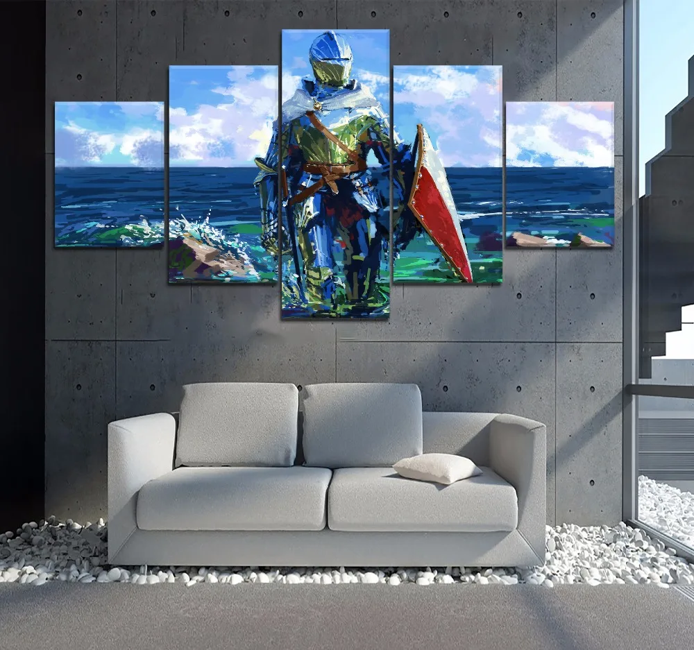 

Framed 5 Panel Abstract Canvas Sea Knight Templar Cuadros Landscape Painting Canvas Wall Art Home Decor For Living Room Poster