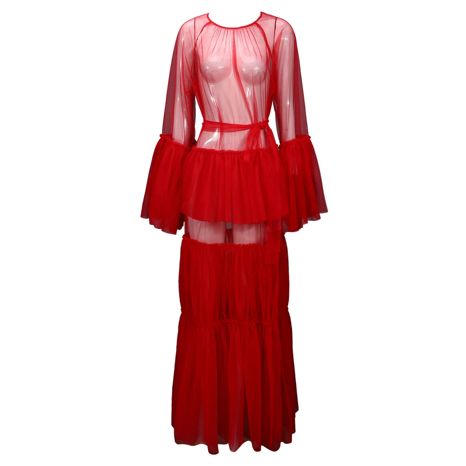 Романтическое прозрачное Сетчатое платье макси с длинными рукавами и вырезом лодочкой - Цвет: red