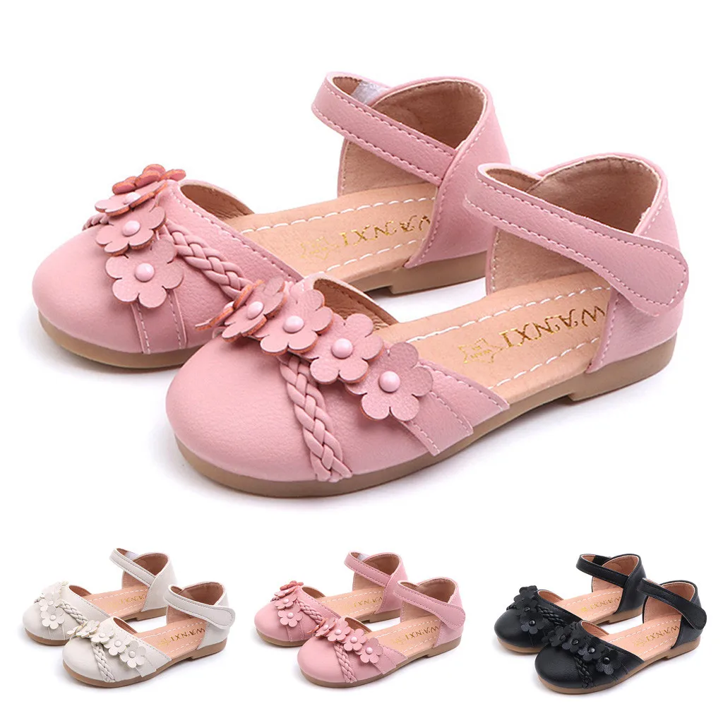 

Flowers Spring Autumn Girls Shoes Size 21-30 Children Party Dress Shoes Girls Cute Sweet PU Solid Color Leather Flat Shoes pink