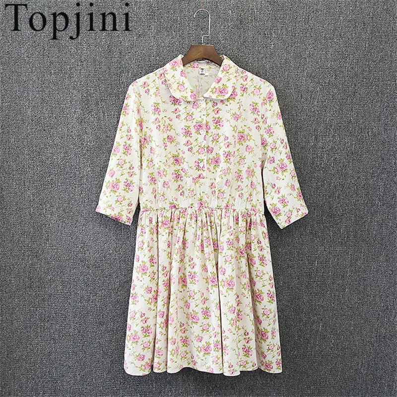 Spring Summer Fashion Preppy Style Print Cotton Straight Half Sleeve Women Dresses Knee-Length Empire Peter Pan Collar Dress
