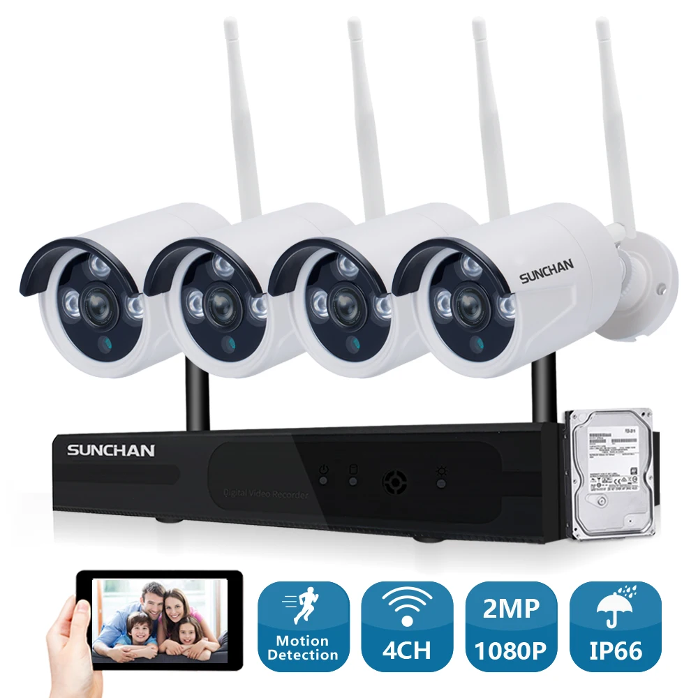 SUNCHAN 4CH массив HD дома WI-FI Беспроводной безопасности Камера Системы DVR Kit 1080 P CCTV WI-FI открытый Full HD NVR Surveillance Kit