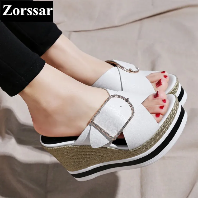 

Summer Shoes Woman fashion buckle wedges High heels sandals women Slides shoes 2017 NEW Genuine leather womens wedge slippers