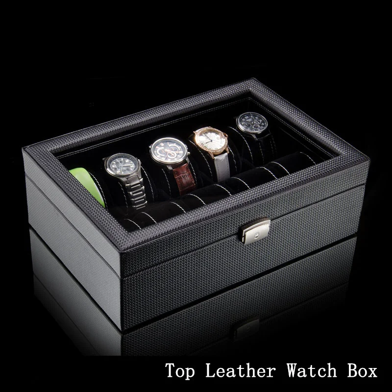 

Top PU Leather Watch Case With Window Black 10 Grids Watch Storage Boxes Brand Watch Display Box Watch Gift Box B038