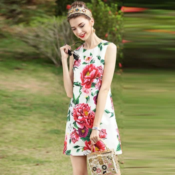 

XF 2018 High Quality Fashion Designer Summer Bohemian Women'S Party Round Neck Sleeveless Floral Print Jacquard Short Dress