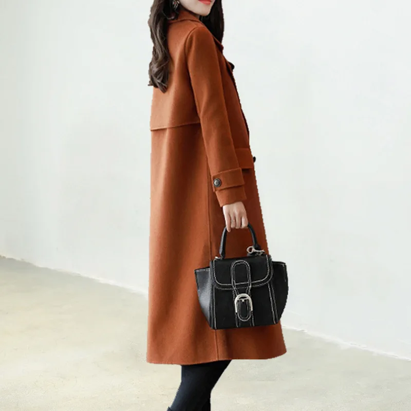 

Office Lady Long Wool Blend Ladies Coat Wide-waisted Women's Jacket Single Breasted Korean Womens Fashion Coat