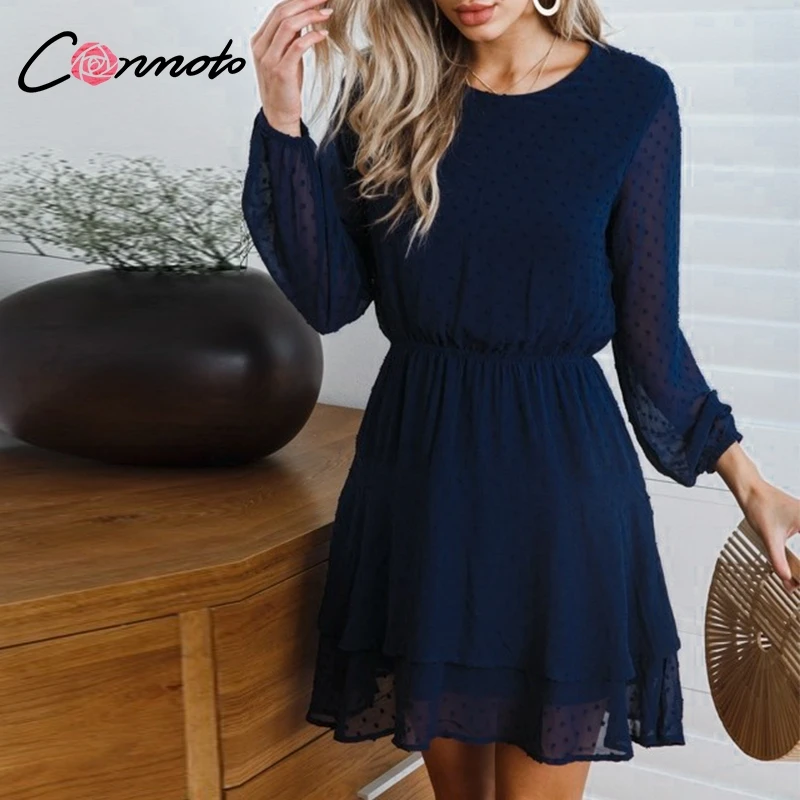 

Conmoto Vintage Party Women Dress Elegant Long Sleeve Polka Dot Blue Dress Solid Short Ruffles Chiffon Winter Dress Vestidos