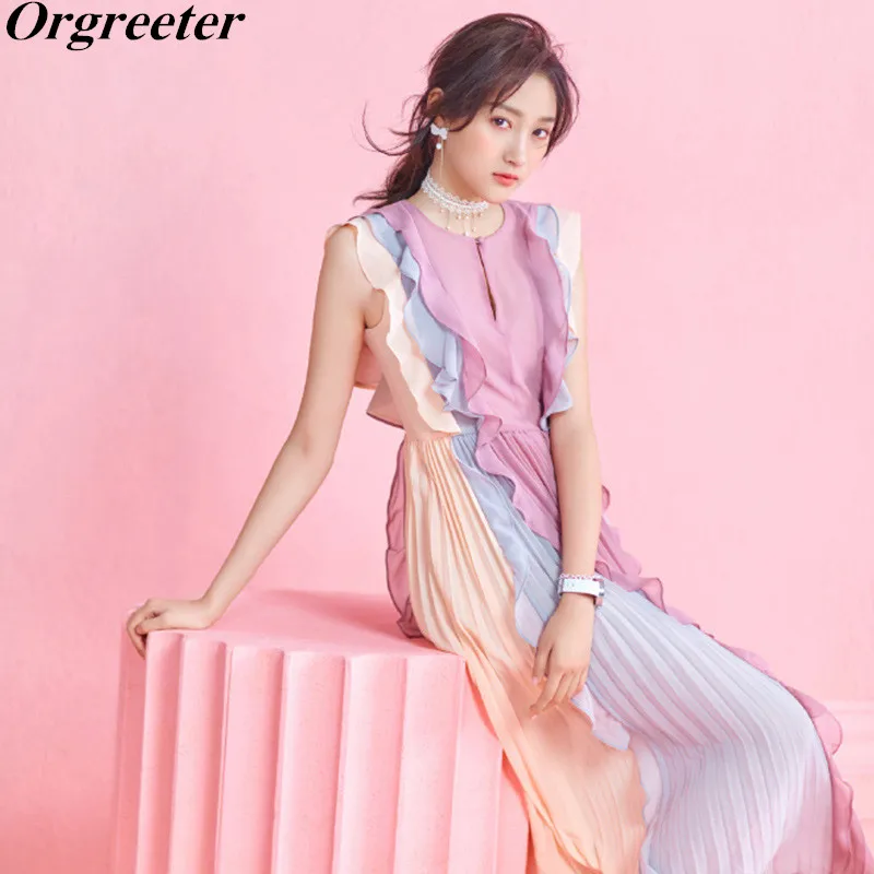 

Fashion Designer Runway High Quality Summer Dress Sleeveless Pleated Ruffles Patchwork Casual Holiday Rainbow Chiffon Dress