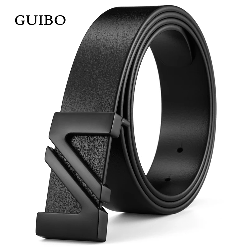 GUIBO Fashion Cow Genuine Leather Men Male Belts Slide Buckle Strap for