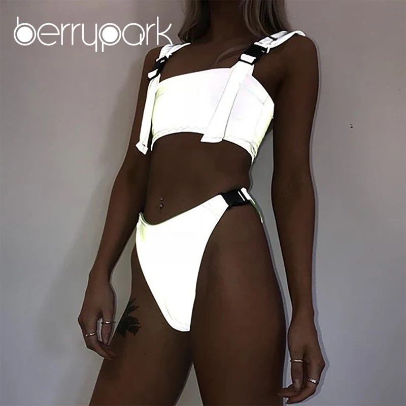 

BerryPark Reflective Bikini Set Swimsuit 2019 Summer Women Buckle Belt Swimwear Swim Suit Beach Night Party Wear Dropshipping