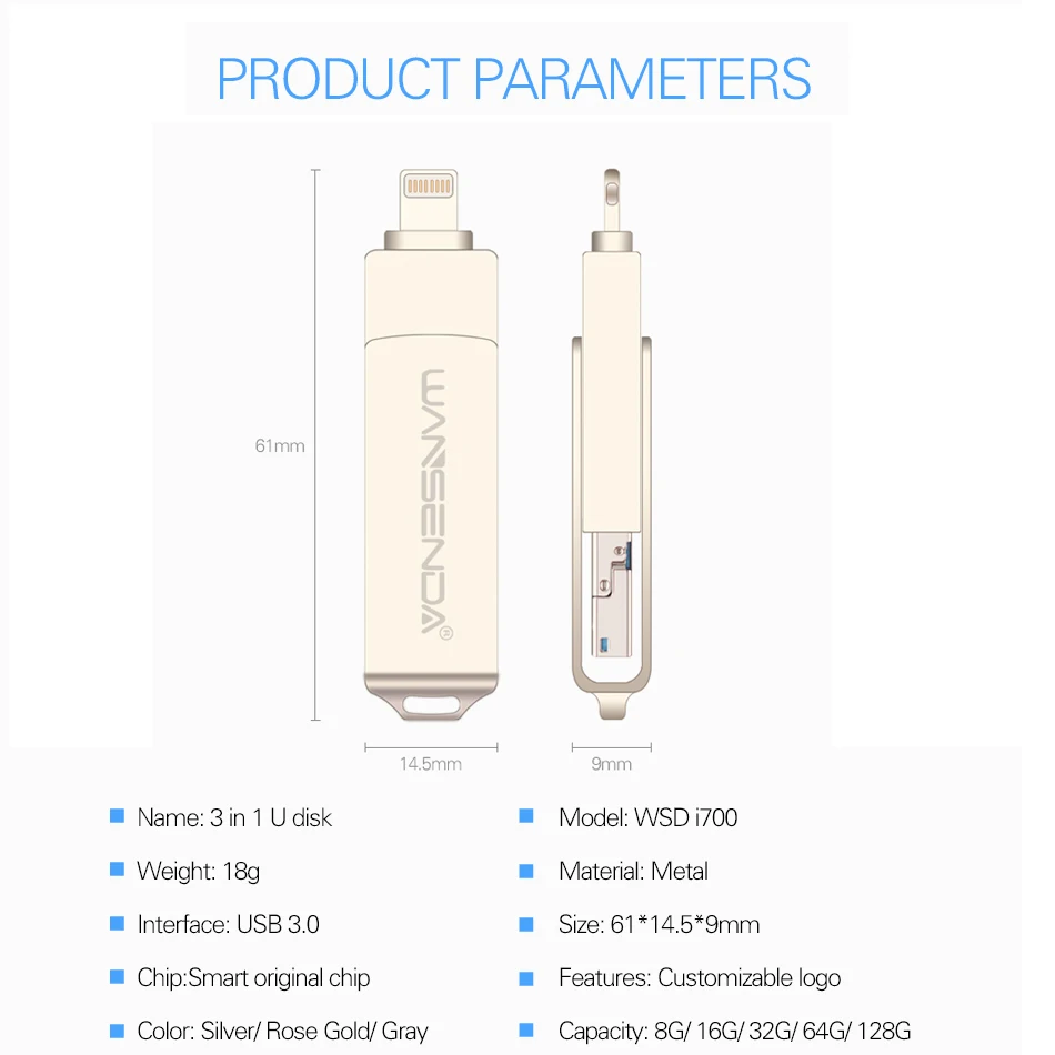 WANSENDA USB флеш-накопитель 128 Гб OTG флеш-накопитель для iPhone/Android/PC 3 в 1 микро USB накопитель 3,0 16 ГБ 32 ГБ 64 ГБ флеш-накопитель