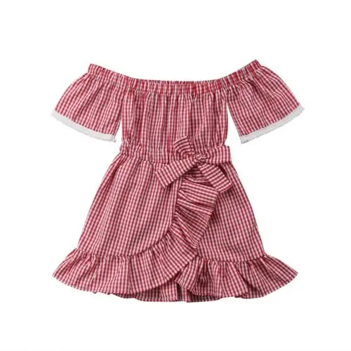 

Toddler Kids Baby Girls Lace Tutu Off Shoulder Bow Sashes Plaids Dress Princess Party Ruffles Beach Dresses Summer Clothes 1-5T