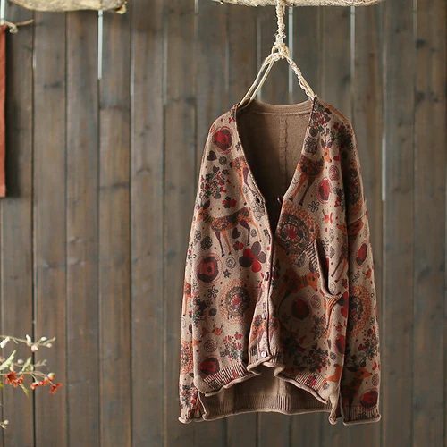 Харадзюку Мори девушка богемный этнический Печатный свободный кардгианский свитер Дамский Повседневный вязаный кардиган пальто осенние свитера для женщин пальто - Цвет: coffee
