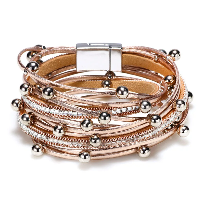 

Women's Fashion Style 2019 Rhinestone Around the two lap Magnetic Buckle Leather Hand-knitted English Rock Donna Bracelet