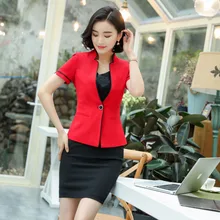 Однотонные стильные элегантные модные красные летние блейзеры, костюмы с топом и юбкой для женщин, Офисная Рабочая одежда, профессиональные летние комплекты
