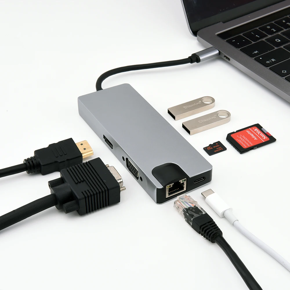 

8-in-1 USB C HUB Type C to USB 3.0 SD TF Gigabit Lan HDMI VGA Power port converter adapter USB 3.0 HUB for Huawei P20 Samsung