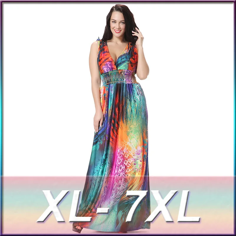 Женское летнее платье макси с открытой спиной и принтом размеры до 7XL|robe longue|long