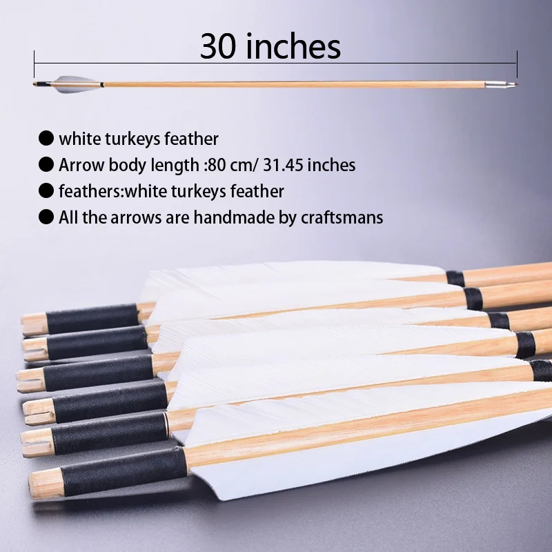 

12PCS 30-Inch By hand Wooden Arrows White Turkey Feather outdoor Hunting Recurve /Compound Bow Wooden Archery Arrows