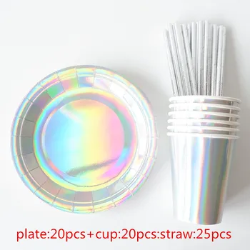 

65pcs Bronzing Silver Disposable Tableware Christmas New Year Party Paper Plates Cups Birthday Party Supplies Plastic Straws