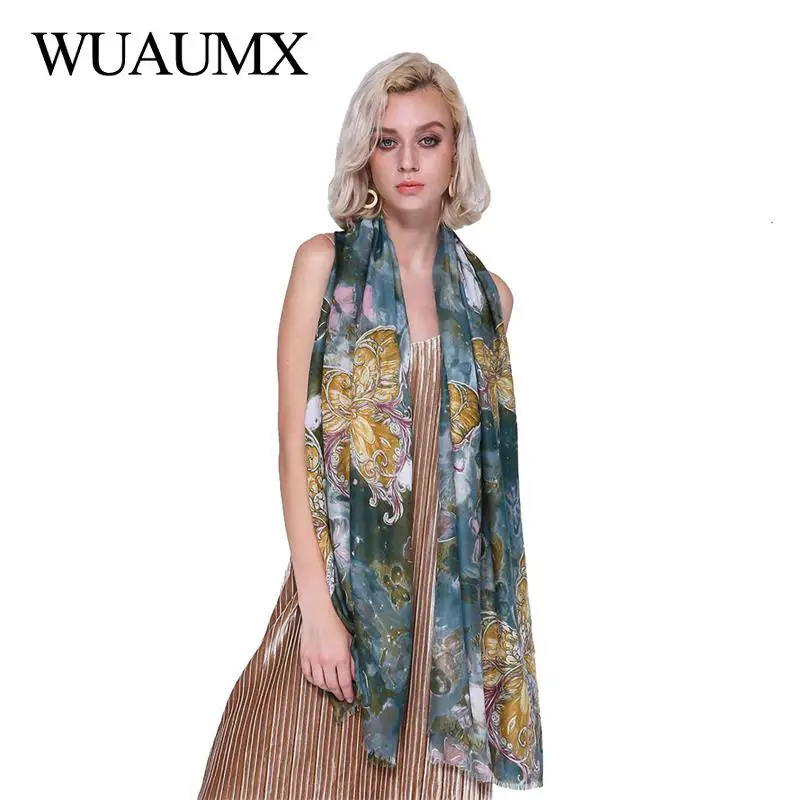 

Wuaumx Autumn Winter Women Scarf For Butterfly Pattern Satin Scarfs Hijab Cotton Linen Scarves For Female Shawl Foulard femme