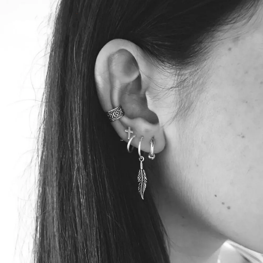 

Simple Trendy Silver Color Geometric leaf cross round Earrings For Women Lady Fashion Large Hollow drop Earrings set Jewelry