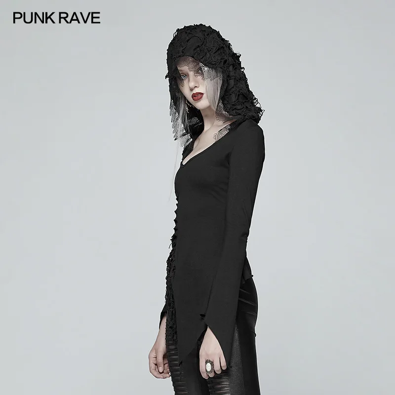 Punk Rave Women T-shirt Gothic Casual Dark Retro Cotton Hooded Asymmetric Long Sleeve Streetwear Tops for Women