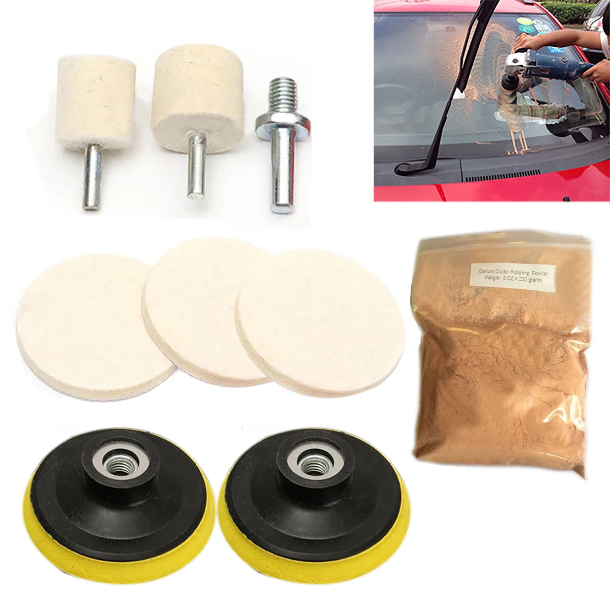 9pcs Auto Glass Polishing Kit Windows Scratch Remover 8 Oz Cerium Oxide Powder 3" Bobs Polishing