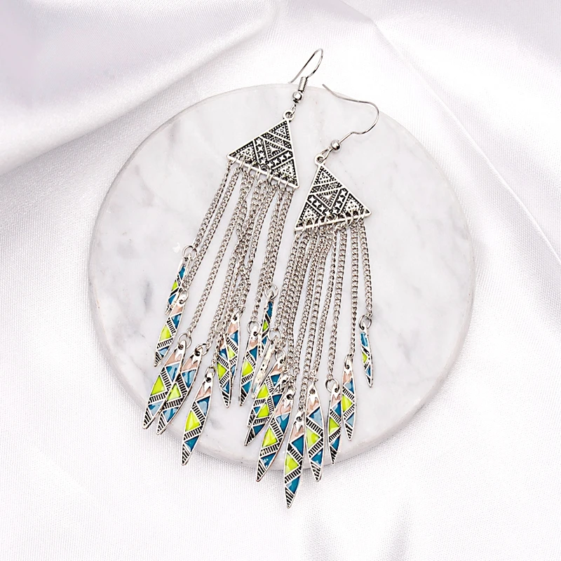 Amader 2018 Women's Geometric Alloy Long Chain Tassel Dangle Earrings Bohemia Triangle Alloy Drop Earrings HXE036