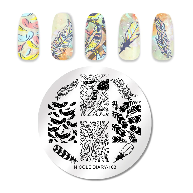 

NICOLE DIARY Round Nail Stamping Plate Butterfly Leaves Design Stamp Image Templates Nail Art Stencil Plate Nails Tool