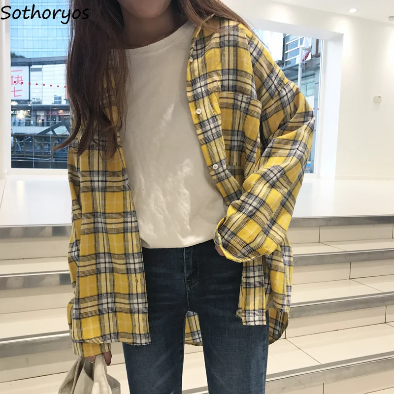 

Shirts Women Harajuku Retro Trendy Plaid Single Breasted Pockets Loose Womens Shirt Sweet All-match Korean Style Chic Student