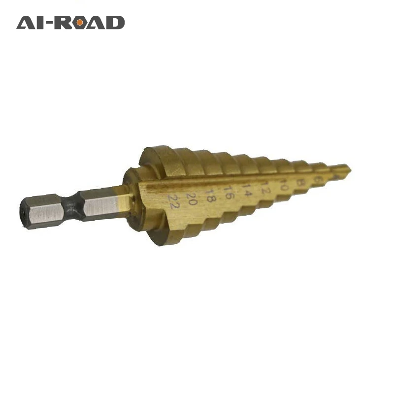 

AI-ROAD 4-22MM Hss Step Cone Taper Drill Metal Plastic Hole Cutter Metric 1/4" Hex Shank Titanium Cone Drill Bit 1PC