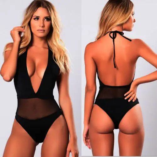 Sexy Womens Ladies One piece Deep V neck Halter Swimsuit