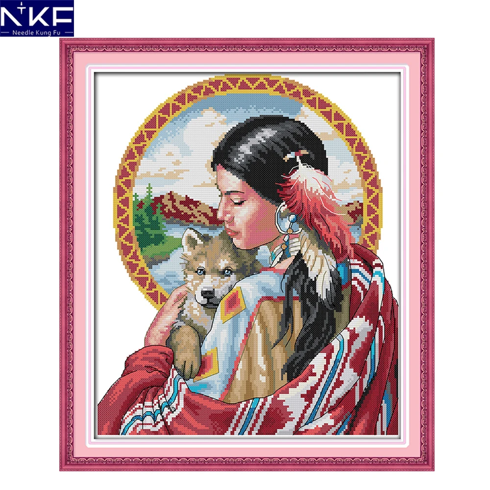 

NKF Indian Girl Pattern DIY Needlework Counted China Cross Stitch Kits for Embroidery Cross Crafts Cross Stitch Sets