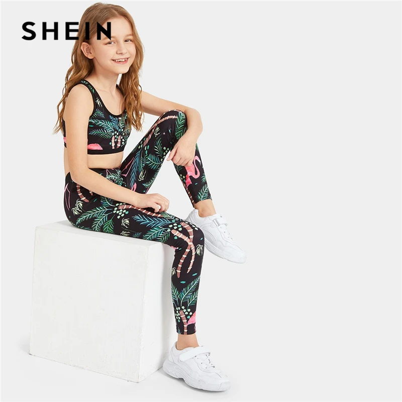 SHEIN كيدي طفل الفتيات النباتات طباعة المحاصيل الأعلى و مرونة الخصر طماق مجموعة 2019 الصيف أكمام نشط ارتداء دعوى مجموعات