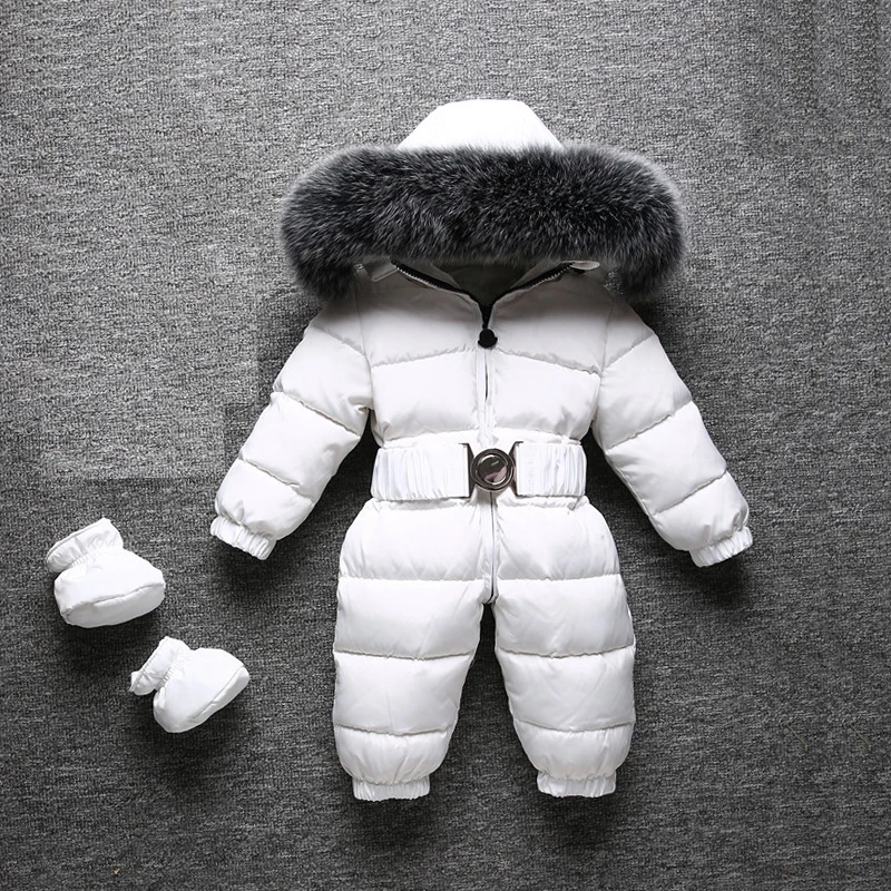 

Dollplus 2019 Winter Warm Baby Rompers Jumpsuit Children Duck Down Overalls Toddler Baby Boys Girls Fur Hooded Romper Clothing