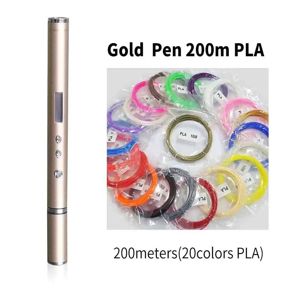 DEWANG, 3D ручка, ручка для печати, OLED, PLA, ABS, нить, 3d принтер, подарок на день рождения, Lapiz, 3D печать, ручка для школы, 3D карандаш, гаджет - Цвет: Gold 200 Meter PLA