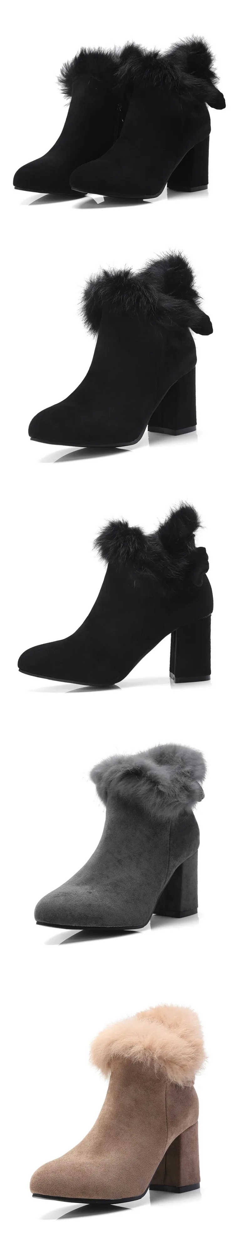 Womens Pointed Toe Booties Shoes Korean Bow Thick High Heel Large Size Fashion Ankle Boots Black Khaki Grey0