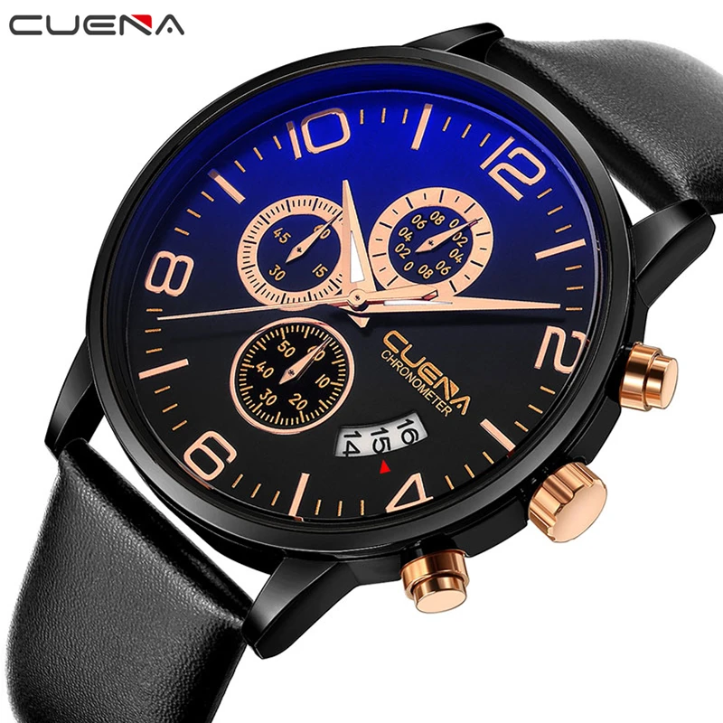 

CUENA Quartz Wristwatches Fashion Mens Watches Top Brand Luxury Genuine Leather Strap Waterproof Luxury Watches Men High Quality