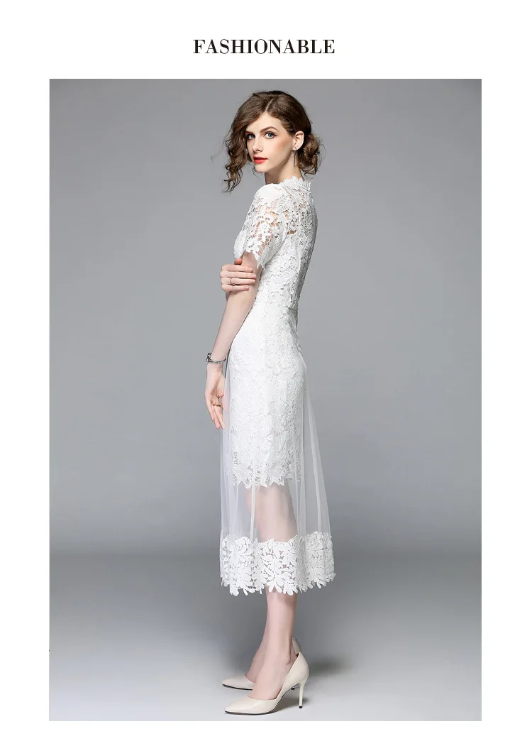 White Lace Stitching Mesh Gauze O-Neck Short Sleeve Mid-Calf Dress in Dresses