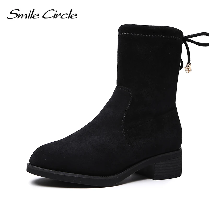 

Smile Circle Elasticity Sheep Suede Boots for women Mid-Calf Autumn Winter 2018 Slip-On round toe Short Boots ladies Shoes