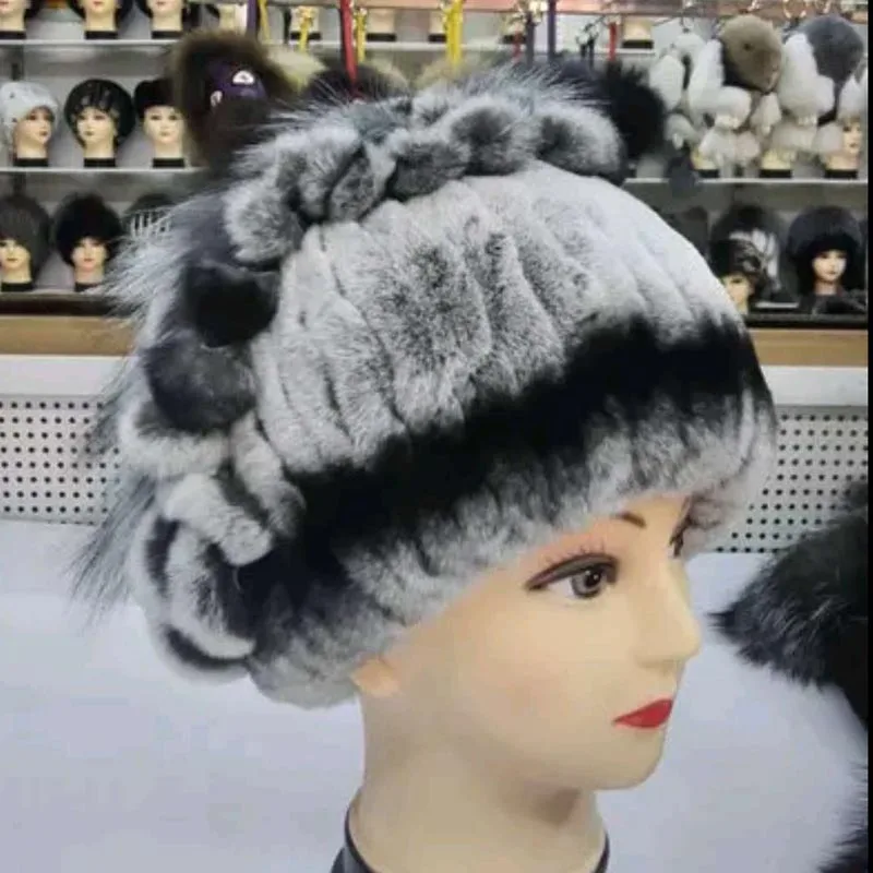 as picture Женские шапки из меха кролика Рекс, зимние шапки из меха кролика Рекс, полосатые шапки с мехом лисы, теплые вязаные шапки из натурального меха - Цвет: as picture