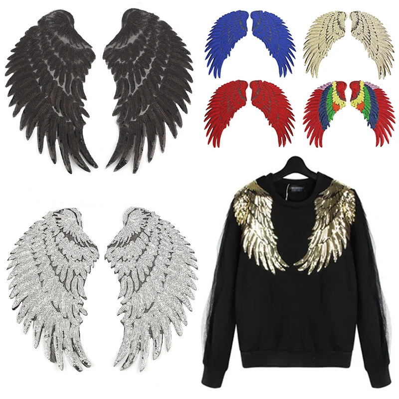 

DIY 1Pair Sew On Iron On Clothes Patch Golden Applique Sequined Patch 3D Feather Wings Patches Popular Clothing Accessories