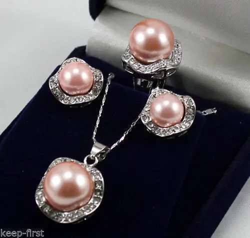

FREE SHIPPINGNEW CLEAR CRYSTAL 18KWGP SHELL PEARL EARRINGS RING NECKLACE WEDDING PEARL SET
