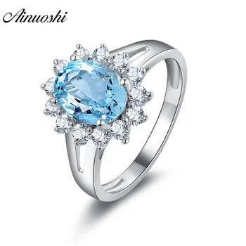 

AINUOSHI 2 Carat Oval Cut Gemstone Natural Blue Topaz Sunflower Ring Engagement Wedding Ring 925 Sterling Silver Women Jewelry