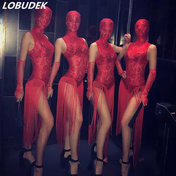 

Sexy Red Lace Long Tassels Dress See-through Clothing Perspective Performance Dance Wear Valentine's Day Club Bar DJ Costume