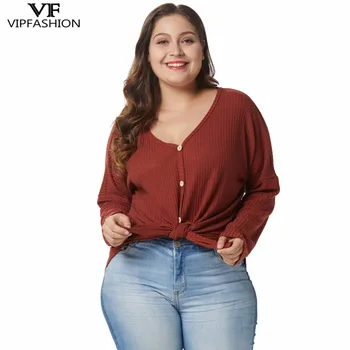 

VIP FASHION 2019 Hot Sale Plus Size Ladies Solid Deep V-Neck Summer Casual Shirt Long Sleeve Bandage Chiffon Women's Shirt